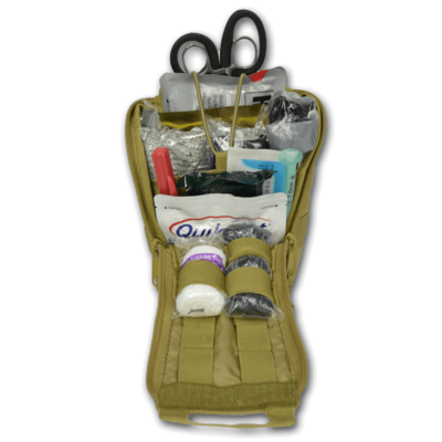 Deluxe Quick Access IFAK Pouch with Drop Down Flap w/ Premium Gunshot Trauma Kit for Entry/Exit Wounds—DESERT TAN