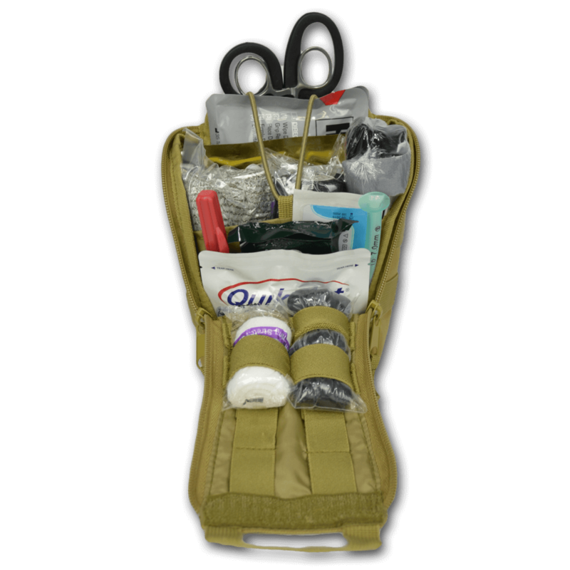 Deluxe Quick Access IFAK Pouch with Drop Down Flap w/ Premium  Gunshot Trauma Kit for Entry/Exit Wounds—DESERT TAN