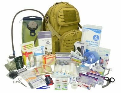 Tactical MOLLE Med Backpack w/ Modular Pouches & Hydration Port w/ Trauma & Bleeding Medic Fill Kit + Hydration Bladder —DESERT TAN