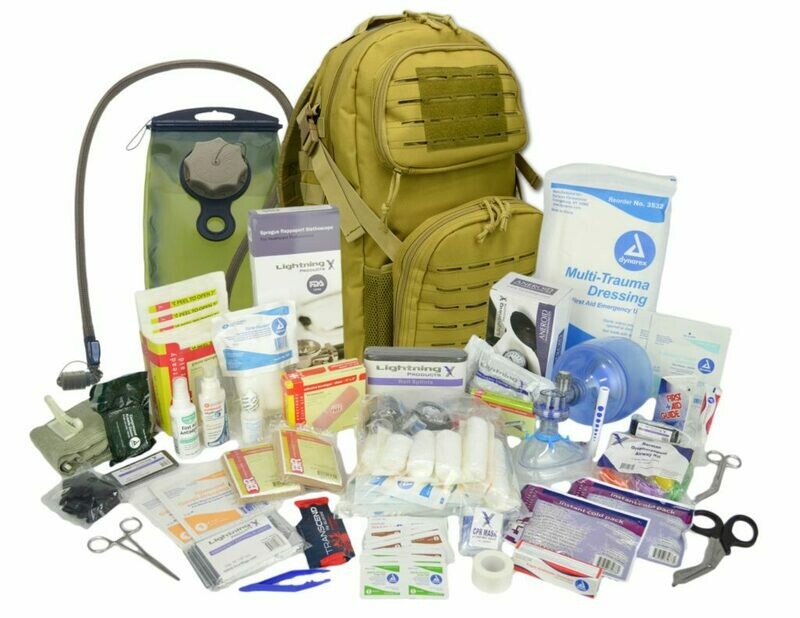 Tactical MOLLE Med Backpack w/ Modular Pouches & Hydration Port w/ Trauma & Bleeding Medic Fill Kit + Hydration Bladder —DESERT TAN