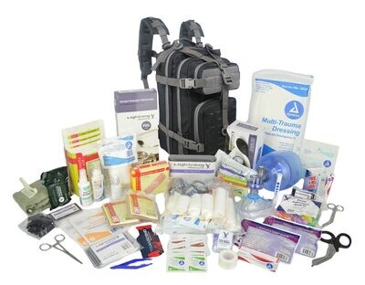 LASER-CUT MOLLE! Small Tactical Assault Backpack w/ Trauma & Bleeding Medic Fill Kit—BLACK W/ GREY TRIM