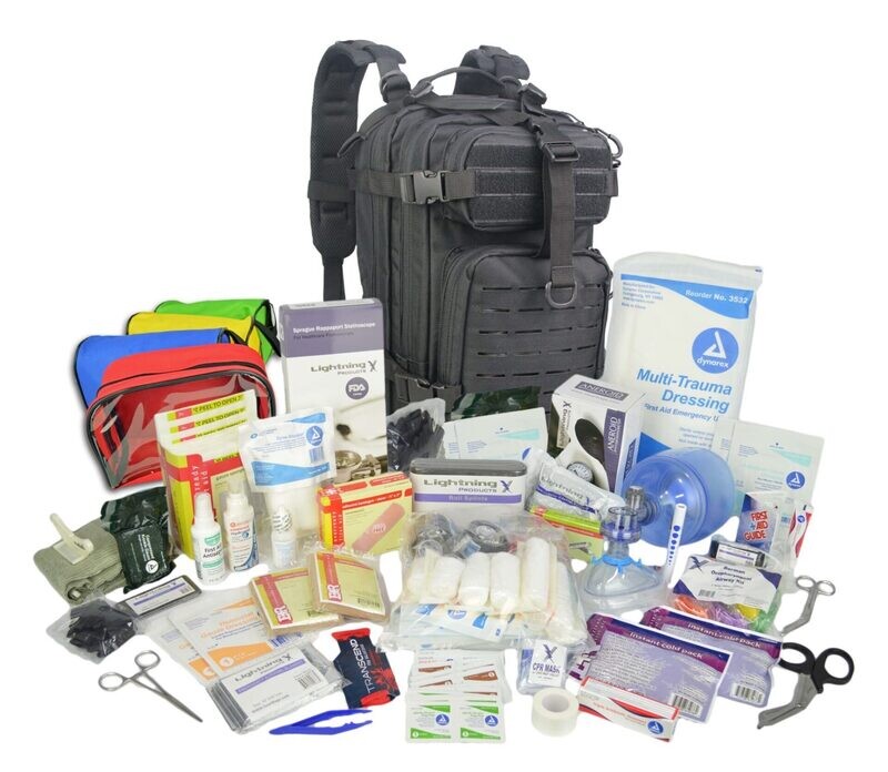 Small Tactical Assault Backpack w/ Trauma & Bleeding Medic Fill Kit w/ Removable Colored Pouches—STEALTH BLACK