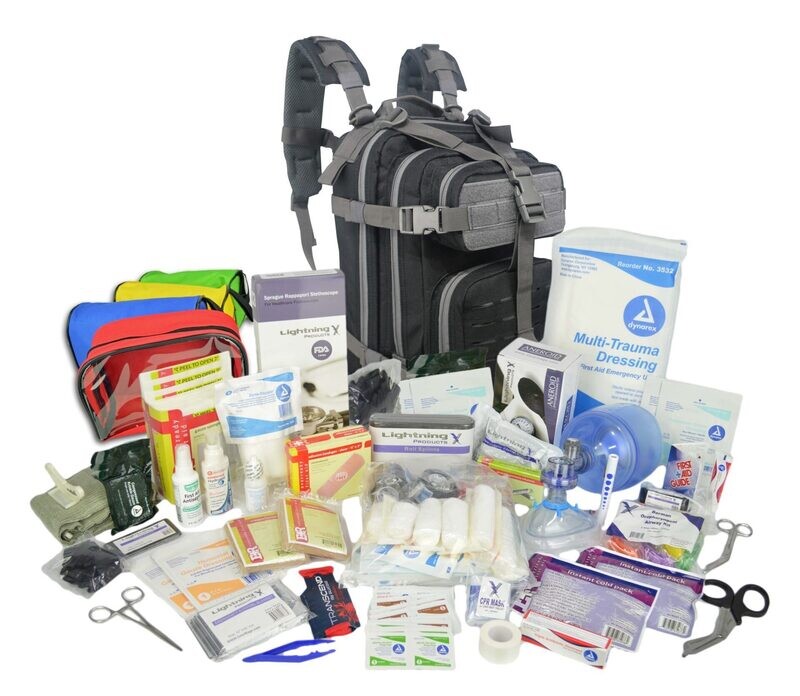 Small Tactical Assault Backpack w/ Trauma & Bleeding Medic Fill Kit w/ Removable Colored Pouches—BLACK W/ GREY TRIM