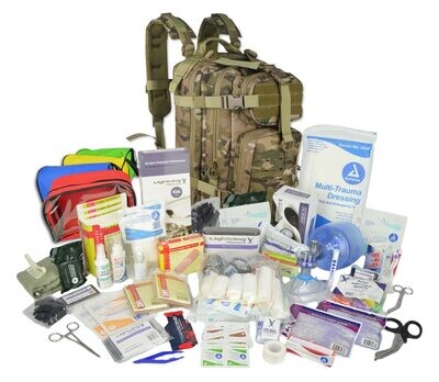 Small Tactical Assault Backpack w/ Trauma & Bleeding Medic Fill Kit w/ Removable Colored Pouches—MULTICAM W/ OD TRIM