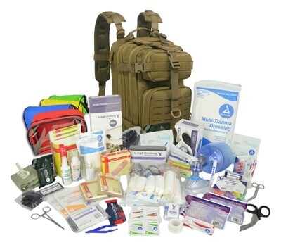 Small Tactical Assault Backpack w/ Trauma & Bleeding Medic Fill Kit w/ Removable Colored Pouches—OLIVE DRAB
