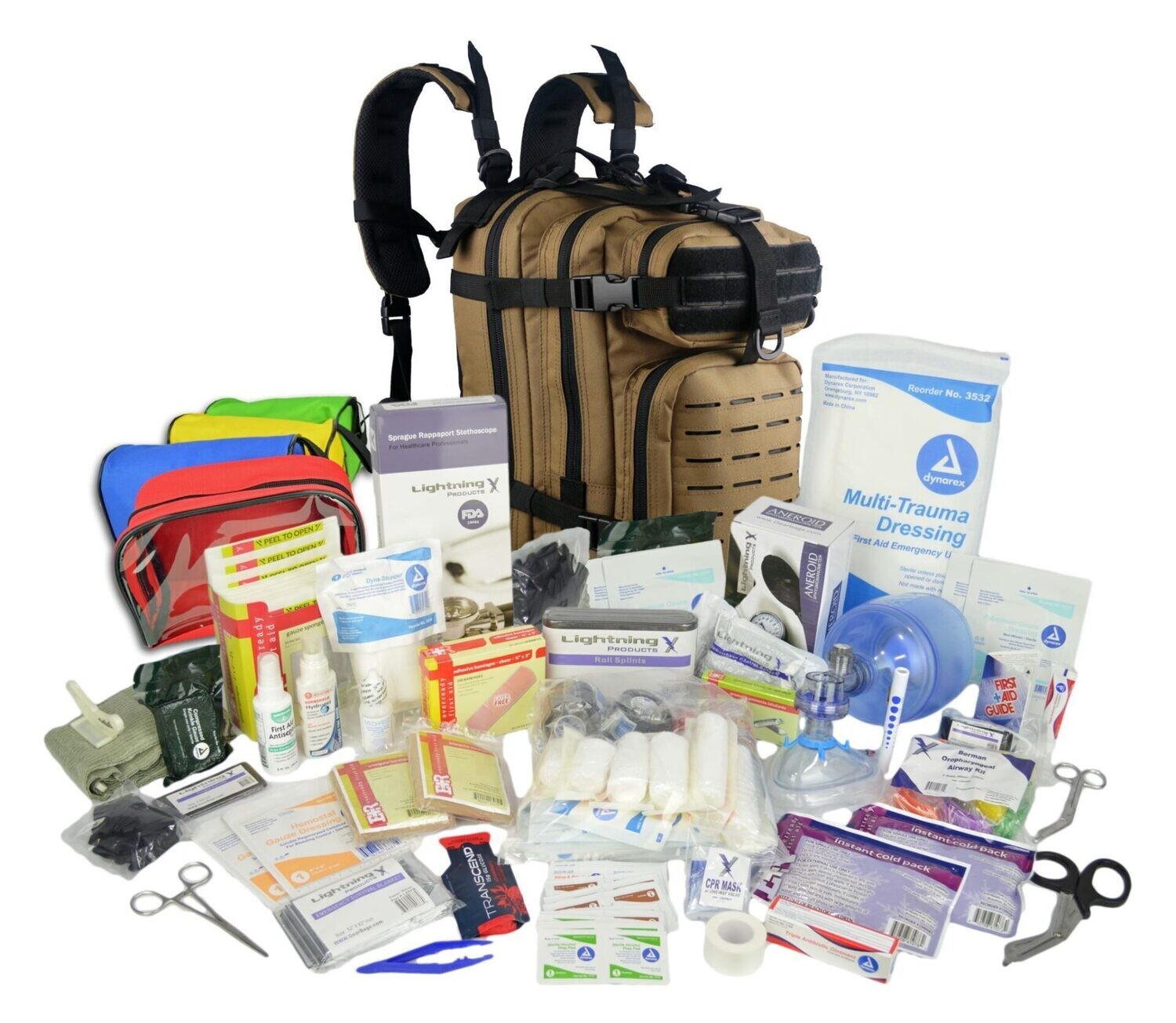 Small Tactical Assault Backpack w/ Trauma & Bleeding Medic Fill Kit w/ Removable Colored Pouches—COYOTE TAN W/ BLACK TRIM