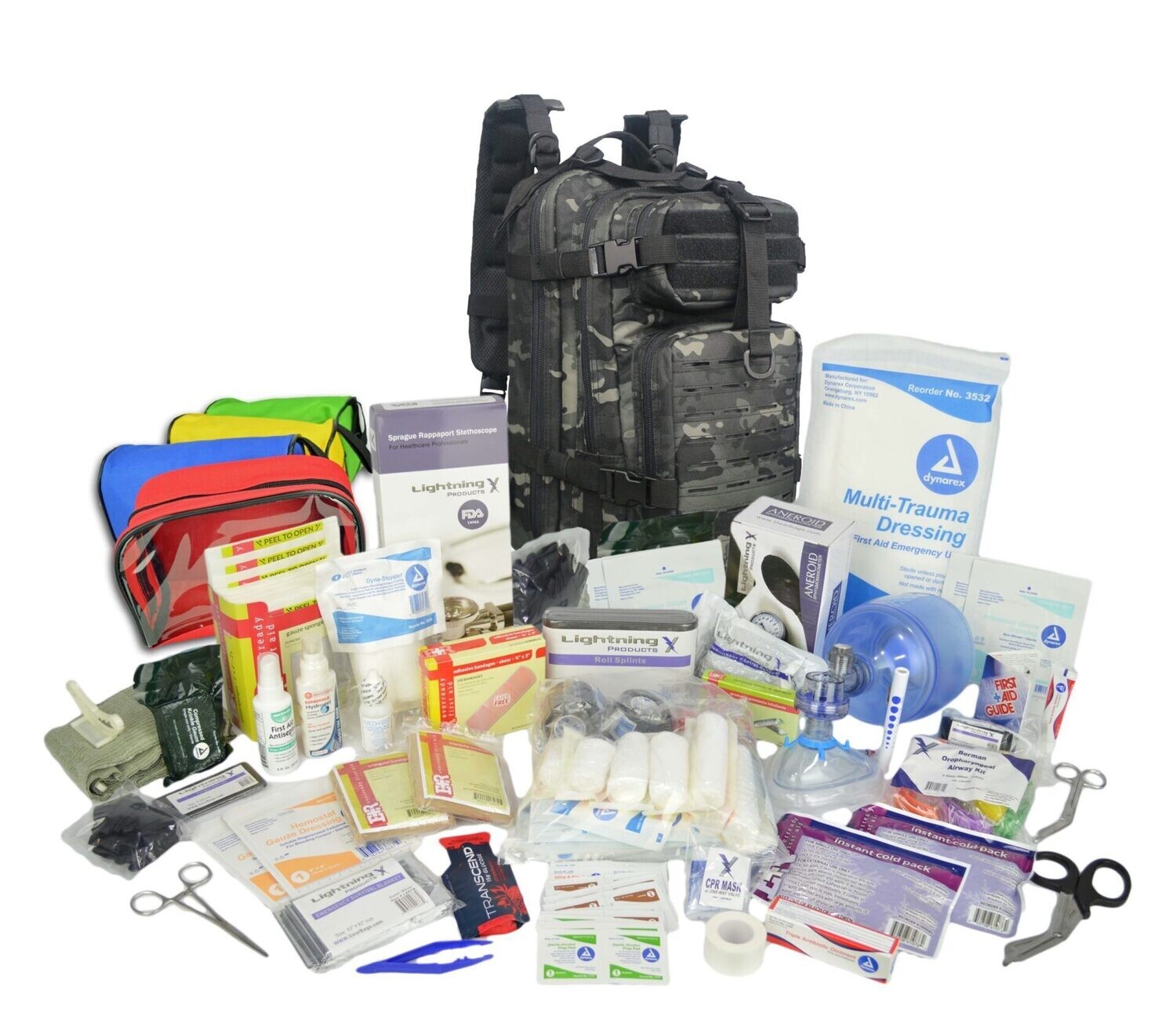 Small Tactical Assault Backpack w/ Trauma & Bleeding Medic Fill Kit w/ Removable Colored Pouches—BLACK CAMO W/ BLACK TRIM