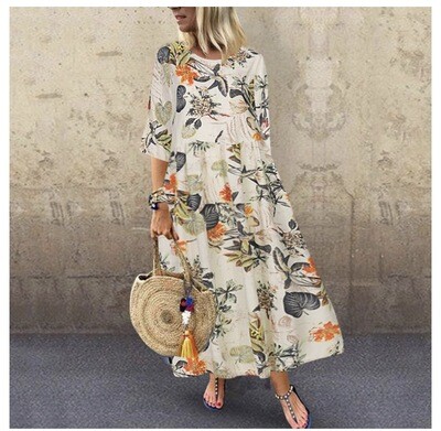 Women Summer Long Maxi Kaftan Flare Swing Loose Vintage Floral Dress (Yellow)