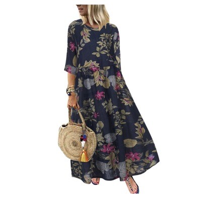Women Summer Long Maxi Kaftan Flare Swing Loose Vintage Floral Dress (Blue)