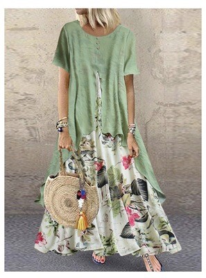Women Short Sleeve Round Neck Floral Beach Dress Ladies Maxi Dress Kaftan (Green)