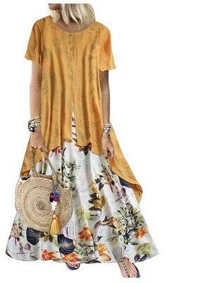 Women Short Sleeve Round Neck Floral  Beach Dress Ladies Maxi Dress Kaftan (Yellow)