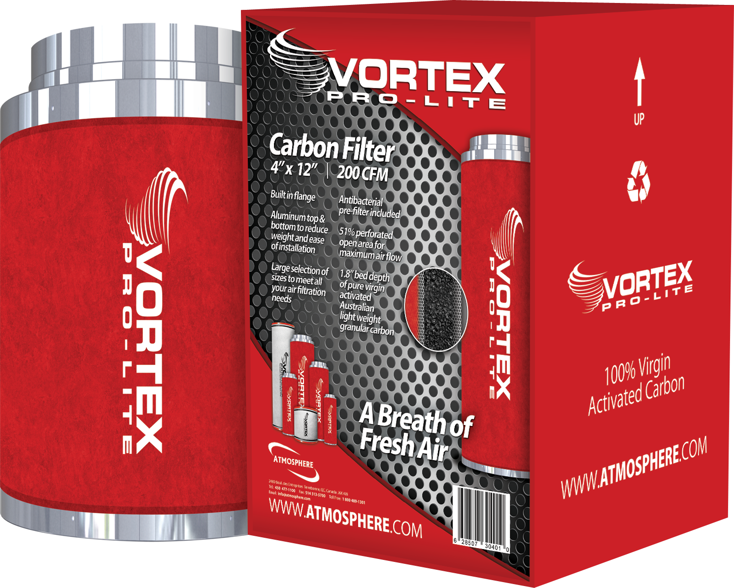 Vortex Pro-Lite Filter 4&quot; x 12&quot; 200 CFM Carbon Filter
