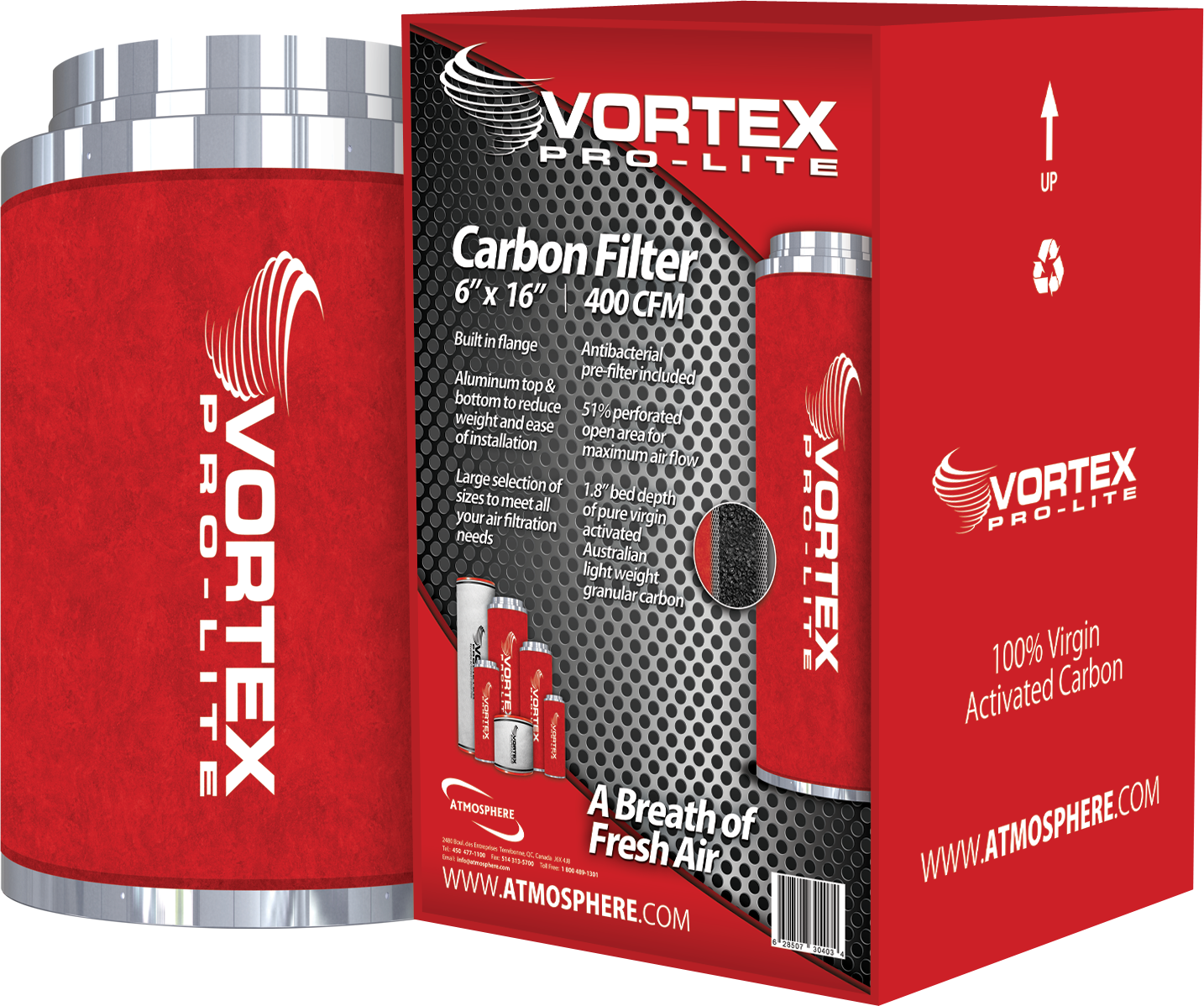 Vortex Pro-Lite Filter 6&quot; x 16&quot; 400 CFM Carbon Filter