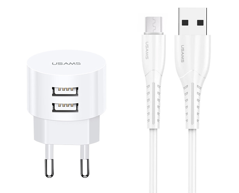 Φορτιστής Σπιτιού USAMS T20 &amp; καλώδιο Micro USB 2xUSB 2.1A Fast Charge Λευκός