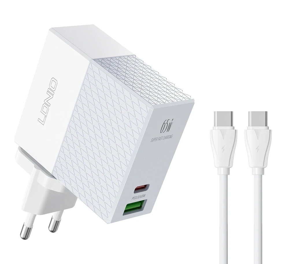 Φορτιστής Σπιτιού LDNIO A2620C με καλώδιο, USB &amp; USB-C, 65W PD, λευκός