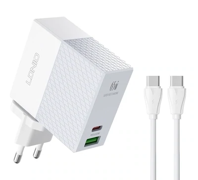 Φορτιστής Σπιτιού LDNIO A2620C με καλώδιο, USB &amp; USB-C, 65W PD, λευκός