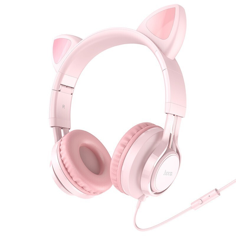 Ασύρματα/Ενσύρματα Ακουστικά Stereo Hoco W36 Cat ear με Μικρόφωνο 3.5mm Ροζ