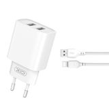 Φορτιστής Σπιτιού XO CE02C 2xUSB Καλώδιο USB-C 2.1A λευκός