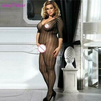Striped Plus-Size Black Sexy Bodystocking Lingerie Striped Plus-Size Black Sexy Bodystocking Lingerie