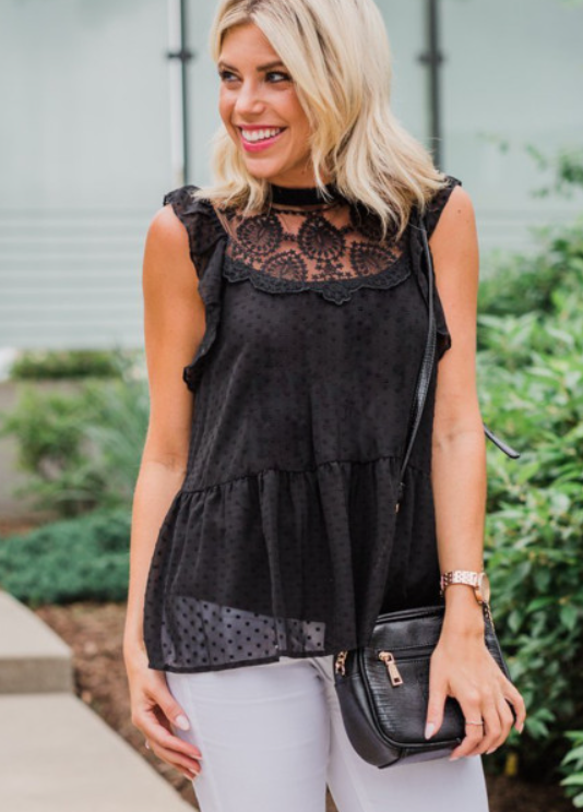Black Lace Detail Dotted Print Sleeveless Top