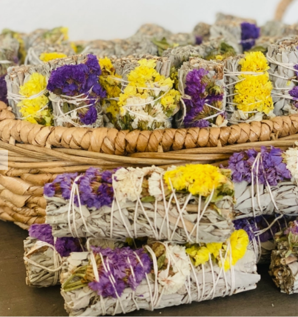 White Sage w/ Multi Sinuata Flowers Smudge Sticks