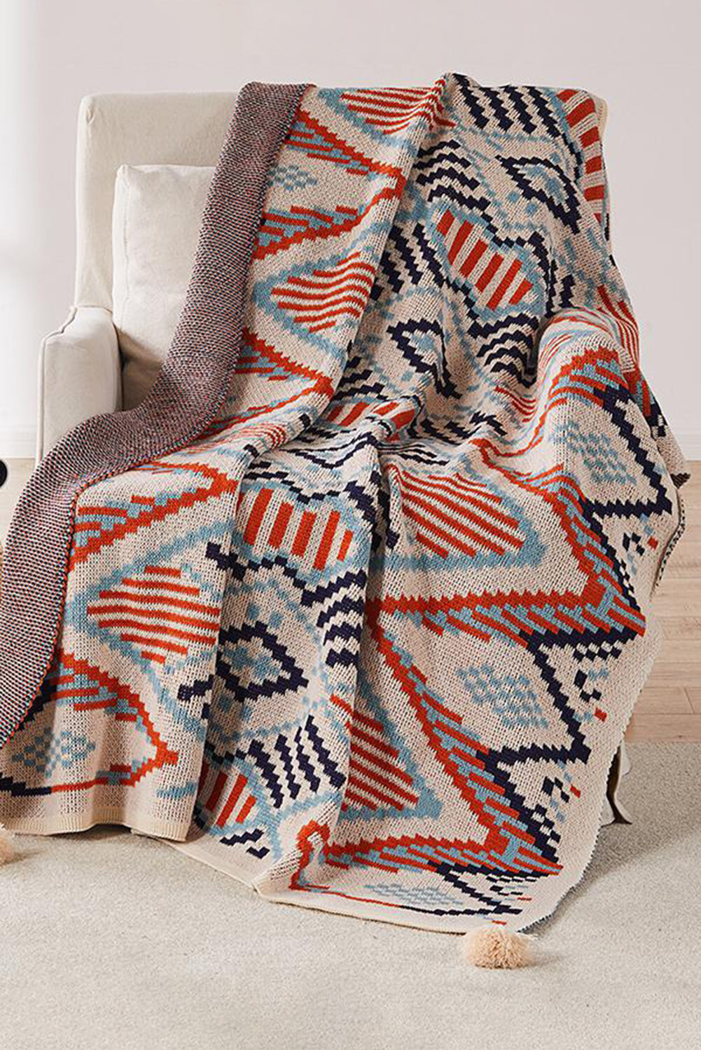 Multicolor Geometric Knit Tassel Large Blanket