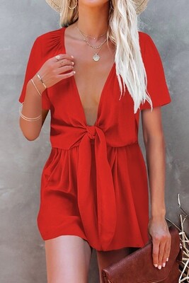 Red Plunge V Neck Romper