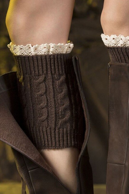 Brown Crochet Trim Knit Leg Warmers