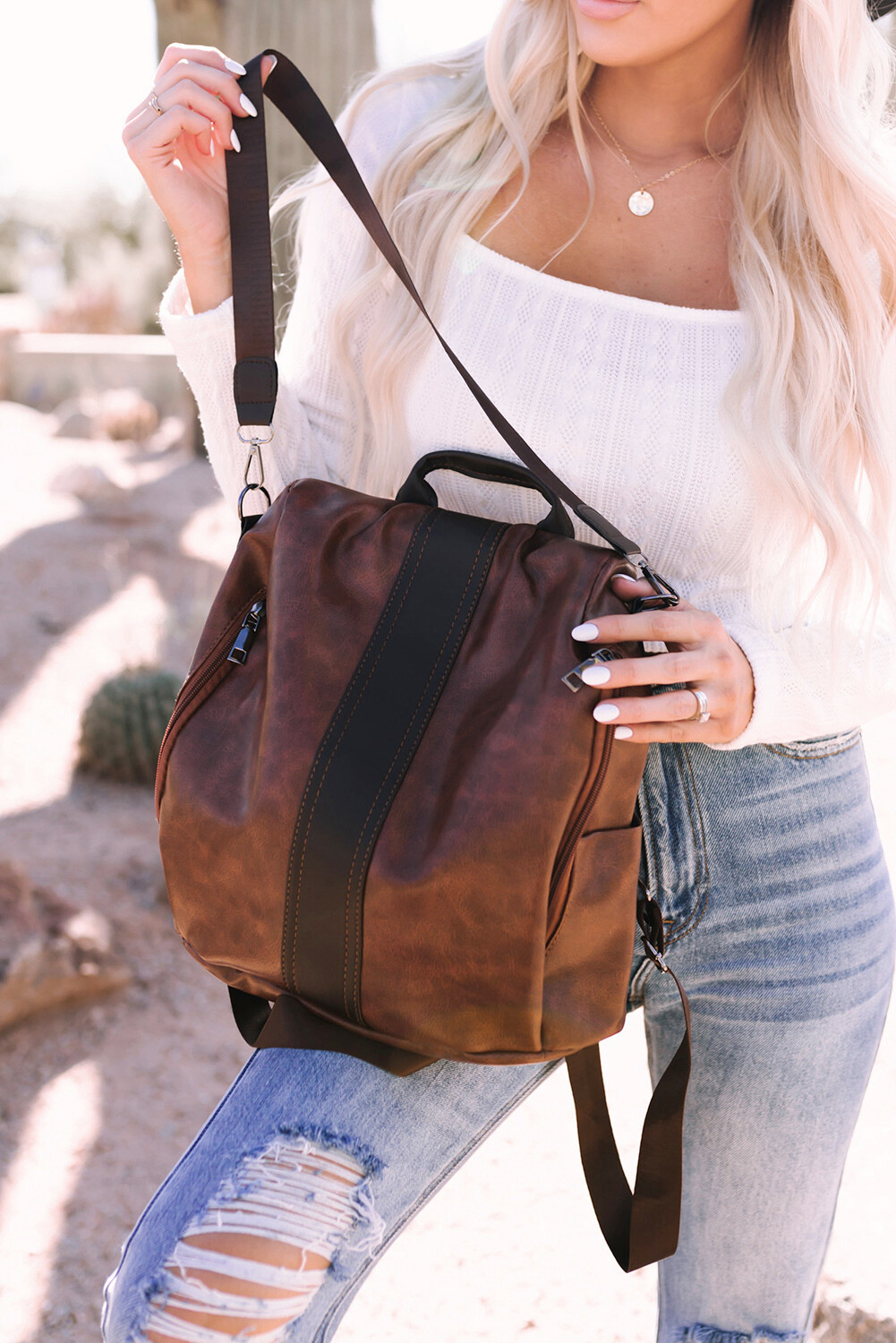 Brown Multifunctional Faux Leather Backpack