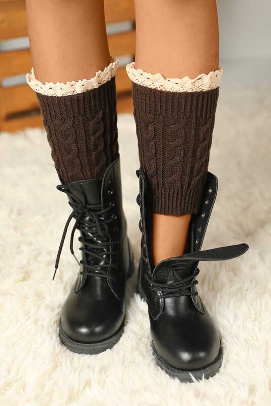 Brown Crochet Trim Knit Leg Warmers