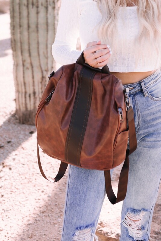 Brown Multifunctional Faux Leather Backpack