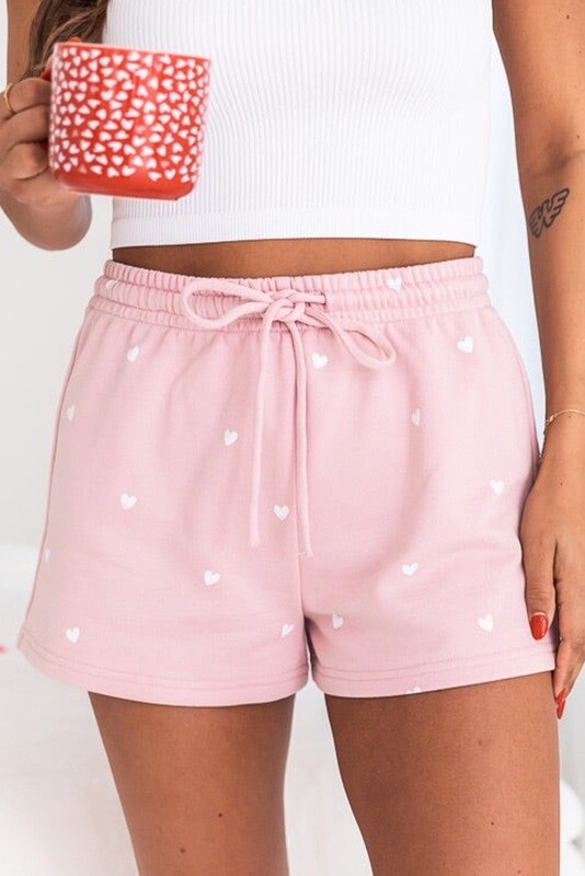 Pink Heart Print Drawstring Shorts
