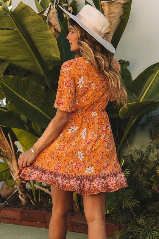Yellow Self-tie Front Cut-out Floral Dress