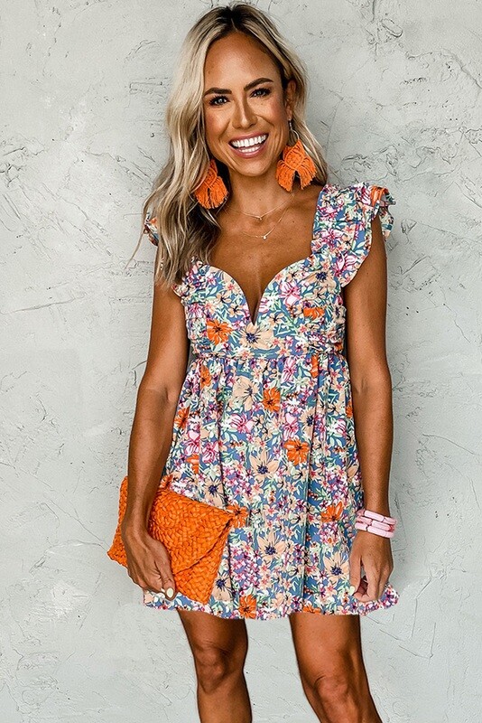 Floral Sweetheart Ruffle Sleeveless Dress