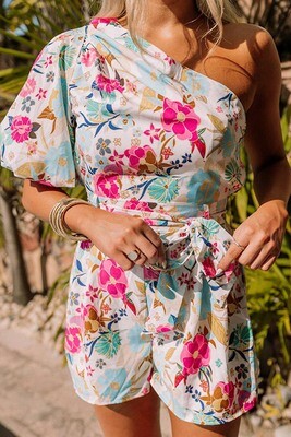 White Floral Slanted Sleeve Romper  