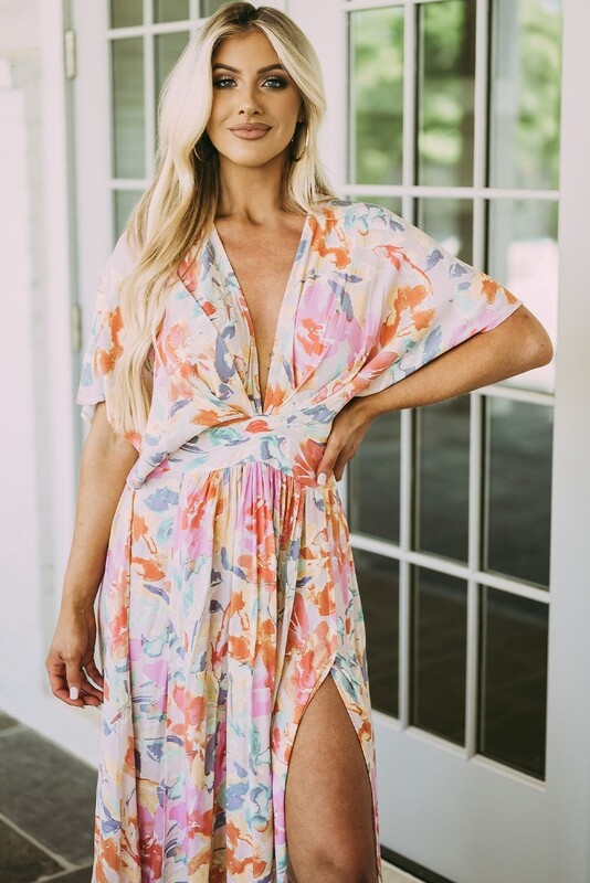 Tropical Floral Low V Neck Dress