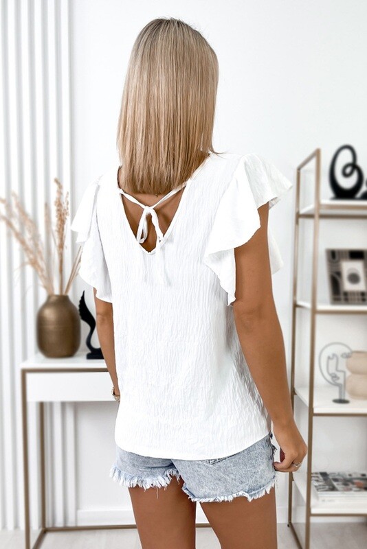 White V Neck Ruffle Sleeve Top
