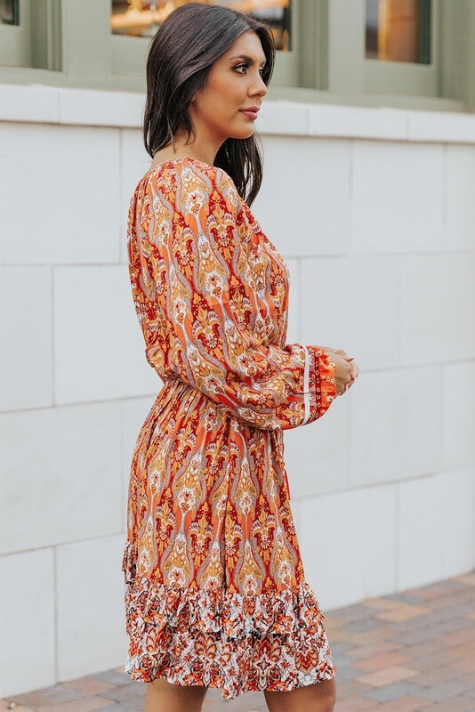 Orange Western Pattern Print Dress