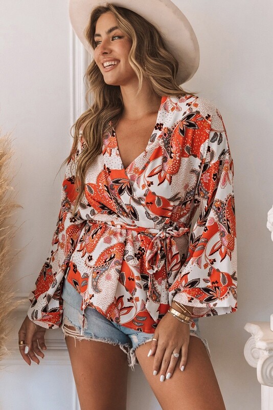 Orange Floral Wrap Kimono Blouse