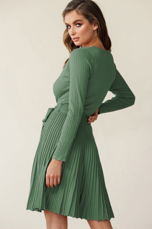 Green Belted Ribbed Pleated Sweater Dress