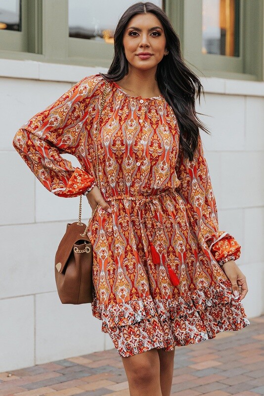 Orange Western Pattern Print Dress