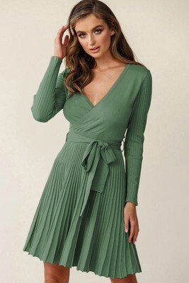 Green Belted Ribbed Pleated Sweater Dress