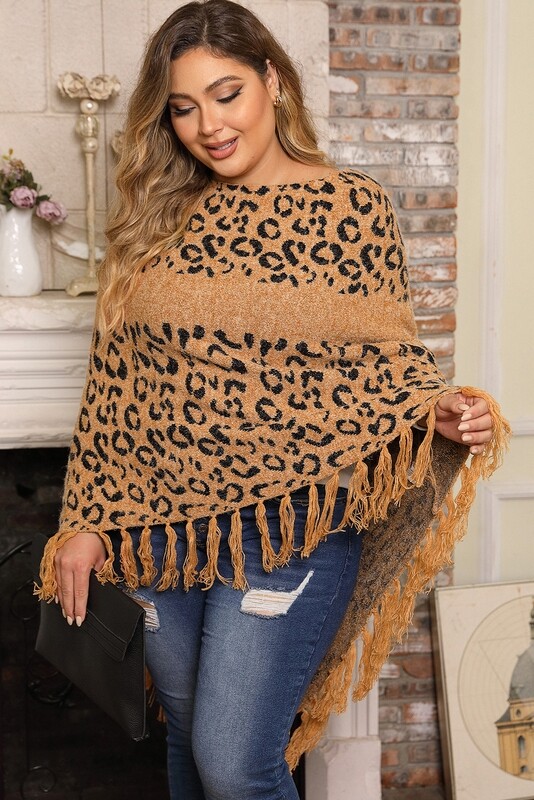 Leopard Tasseled Hem Draped Poncho