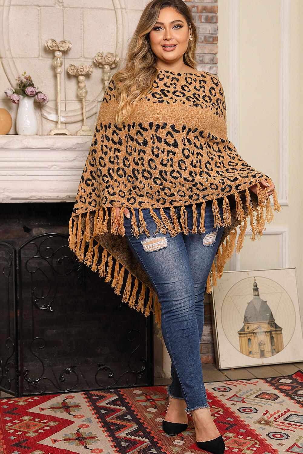Leopard Tasseled Hem Draped Poncho
