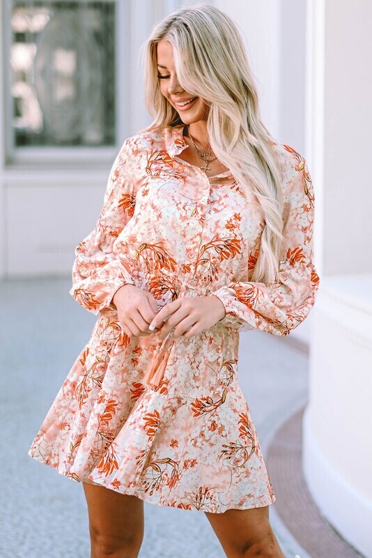 Fall Bubble Sleeve Floral Dress