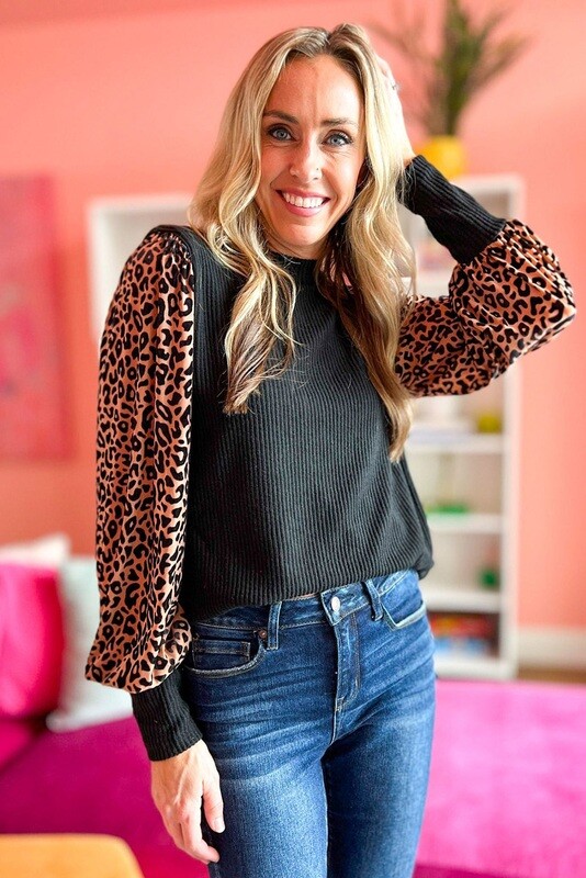 Black Leopard Long Sleeve Ribbed Knit Blouse