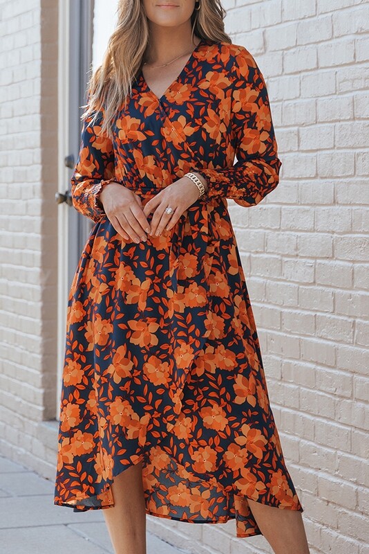 Orange /Navy Floral Print Dress