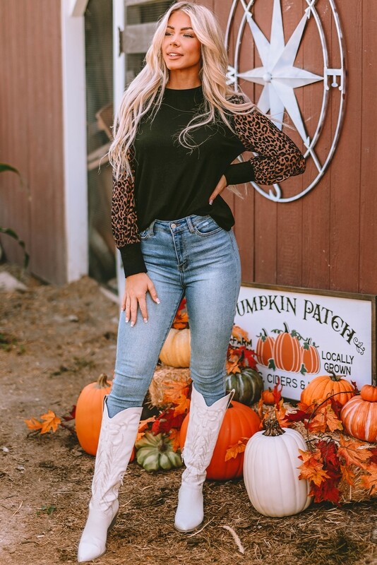 Black Leopard Long Sleeve Ribbed Knit Blouse