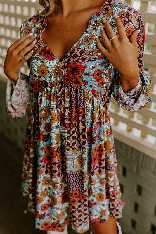 Sky Blue Floral Empire Waist Babydoll Dress
