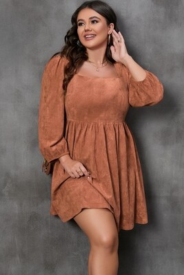 Chestnut  Suede Square Neck Balloon Sleeve Dress